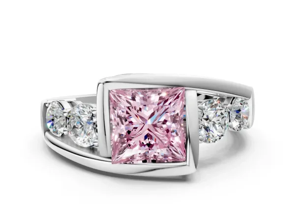Fancy Pink Bezel Set Princess Cut Diamond Bypass Ring with Round Accents Silver