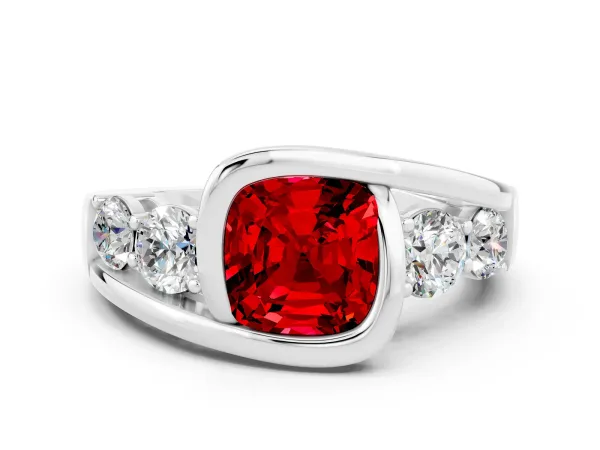 Bezel Set Cushion Cut Ruby Bypass Ring with Round Accents Platinum