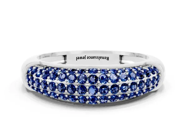 Three-Row Pavé Round Blue Sapphire Dome Band Platinum