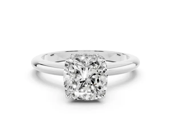 Cushion Cut Brilliant Solitaire Engagement Ring with Six-Prong Setting and Classic Band Platinum