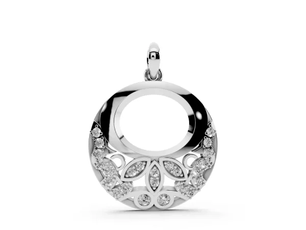 Round Diamond Pavé Leaf Filigree Pendant Silver