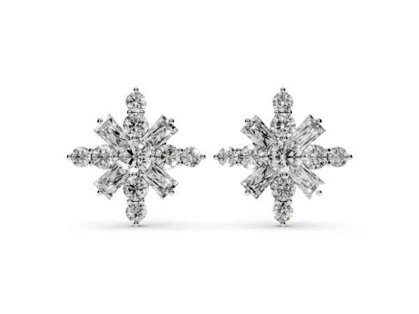 Round Cut Diamond Snowflake Cluster Stud Earrings Platinum