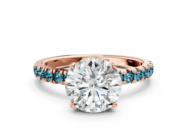 Round Cut Diamond Pave Band Solitaire Ring with Round Blue Topaz and Prong Setting Rose gold
