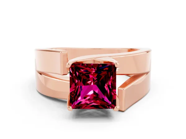 Modern Tension Set Princess Cut Garnet Solitaire Wide Band Ring Rose gold