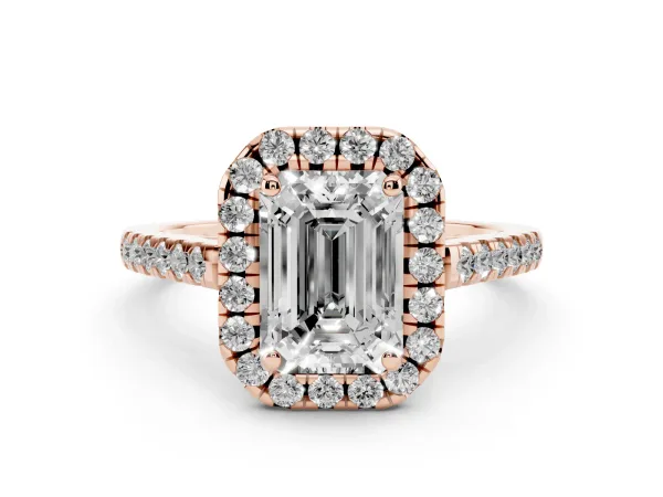 Emerald Cut Halo Pavé Diamond Engagement Ring with Four-Prong Setting Rose gold