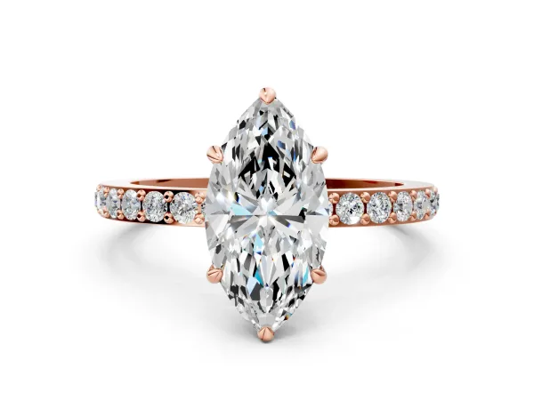 Marquise Cut Diamond Solitaire Engagement Ring with Pavé Band and Four-Prong Setting Rose gold