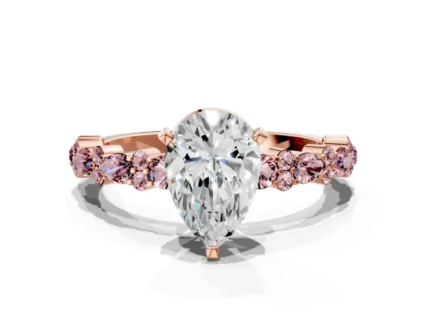 Pear Cut Diamond Side Stone Solitaire Ring with Round Morganite and Four-Prong Setting Rose gold
