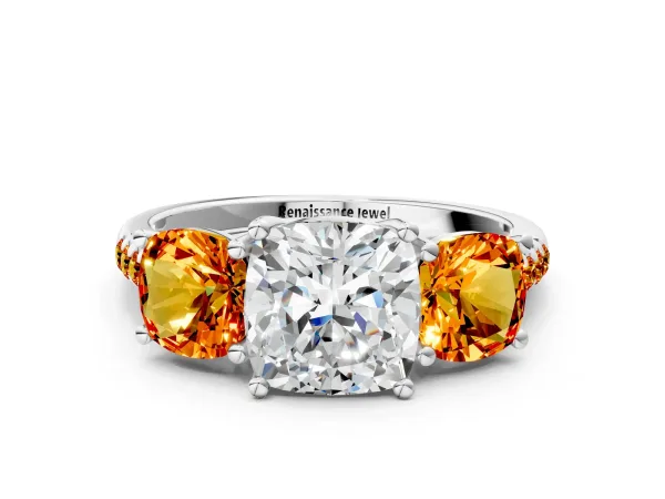 Three-Stone Cushion Cut Diamond Ring with Round Citrine Pavé Band and Prong Setting Platinum