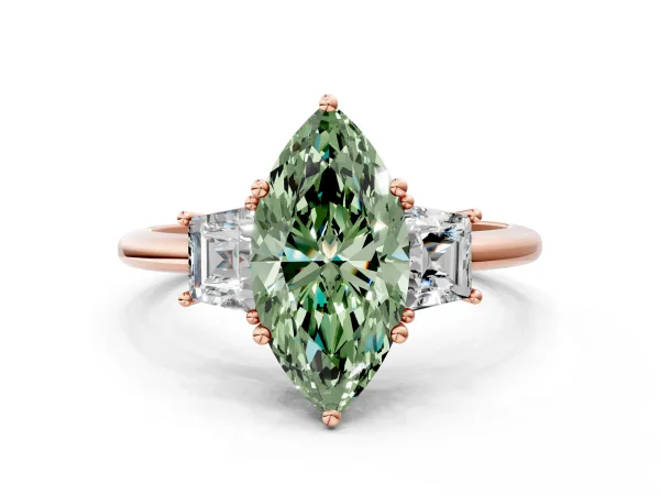 Fancy Green Marquise Cut Diamond Three-Stone Ring with Trapezoid Side Stones and Prong Setting Rose gold