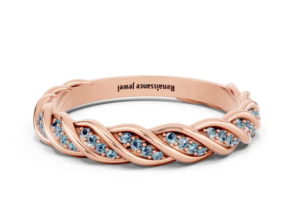 Twisted Pavé Round Aquamarine Eternity Band with Shared Prong Setting Rose gold
