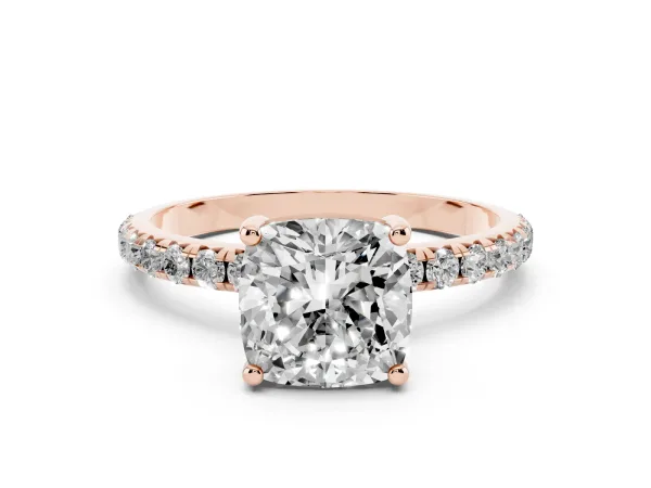 Cushion Cut Cut Diamond Solitaire Ring with Micro Pave Band and Four Prong Setting Rose gold