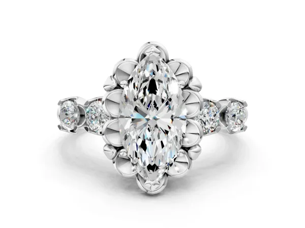 Marquise Cut Cut Diamond Floral Halo Engagement Ring with Shared Prong Setting Platinum