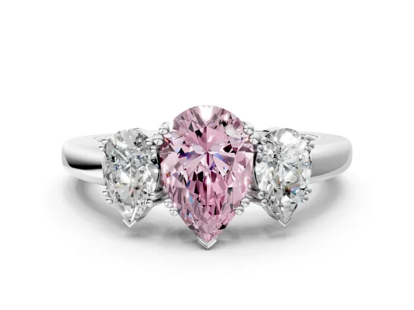 Fancy Pink Three-Stone Pear Cut Cut Diamond Ring with Channel Set Band and Four-Prong Setting Platinum