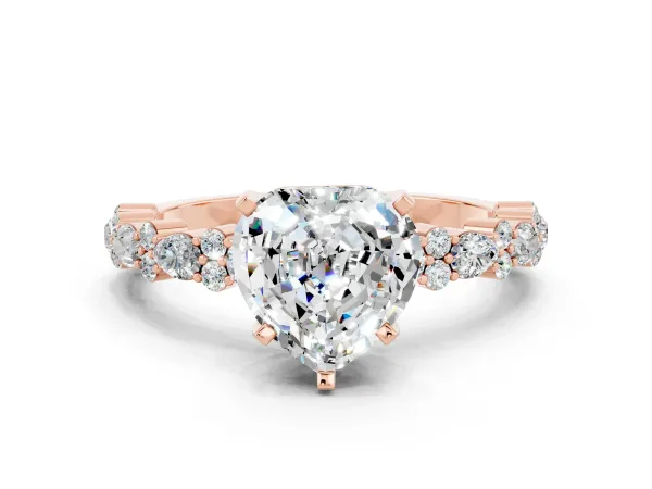 Heart Cut Moissanite Side Stone Solitaire Ring with Round and Four-Prong Setting Rose gold