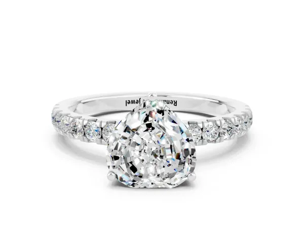 Heart Cut Moissanite Pave Band Solitaire Ring with Round and Prong Setting Platinum
