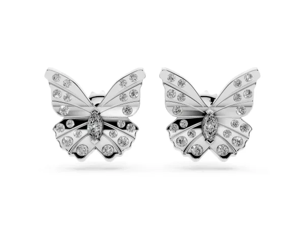 Round and Marquise Diamond Flutter Butterfly Stud Earrings Platinum