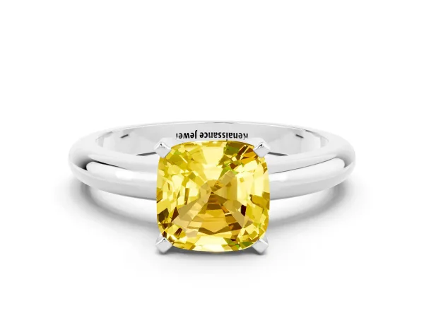 Cushion Cut Yellow Sapphire Solitaire Engagement Ring with Round Band and Four-Prong Setting Silver