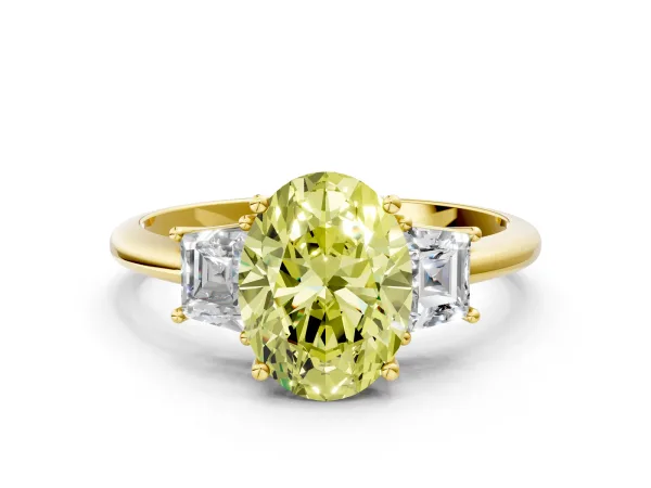 Fancy Yellow Oval Cut Diamond Three-Stone Ring with Trapezoid Side Stones and Prong Setting Yellow gold