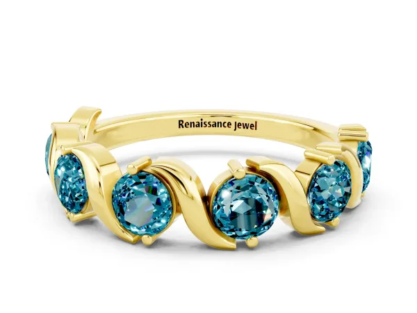 Round Blue Topaz Half Eternity Band with Wave Prong Setting Yellow gold