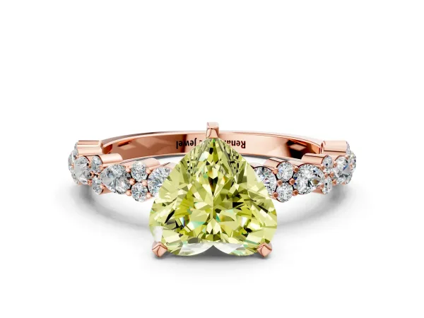 Fancy Yellow Heart Cut Diamond Side Stone Solitaire Ring with Round and Four-Prong Setting Rose gold