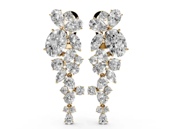 Pear, Marquise and Round Diamond Floral Drop Earrings Yellow gold