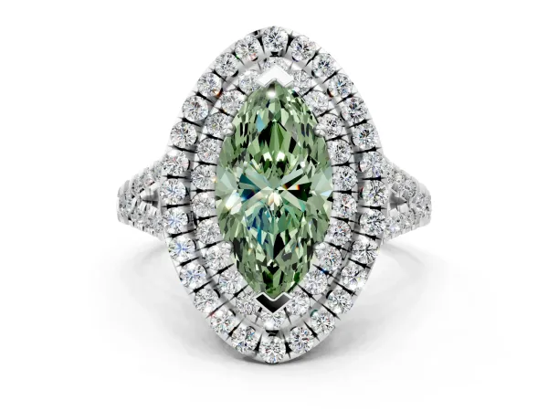 Fancy Green Double Halo Marquise Cut Diamond Pavé Split Shank Ring with Prong Setting Silver