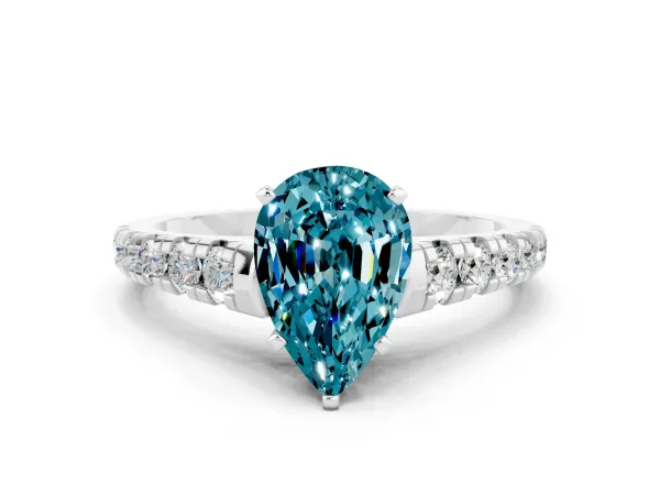 Pear Cut Blue Topaz Cathedral Solitaire Ring with Round Pavé Band White gold