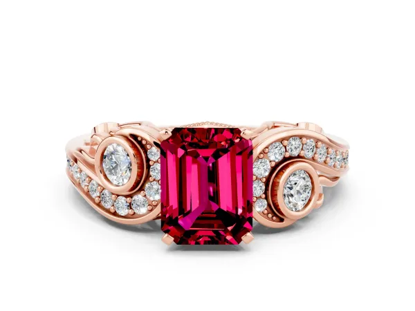 Emerald Cut Garnet Solitaire Ring with Milgrain Pavé Band and Four-Prong Setting Rose gold