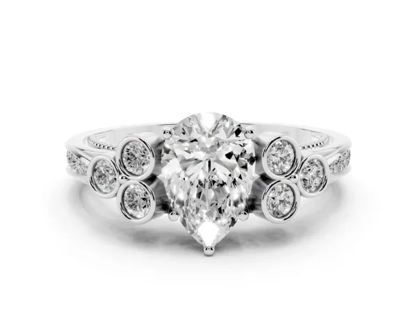 Pear Cut Cut Diamond Engagement Ring with Bezel Set Round Side Stones and Prong Setting White gold