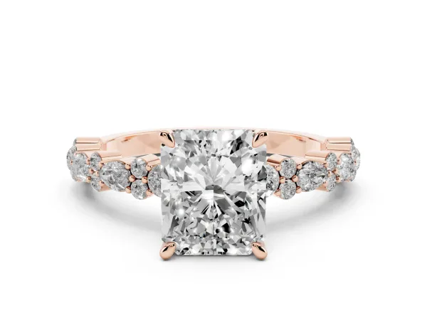 Radiant Cut Diamond Side Stone Solitaire Ring with Round and Four-Prong Setting Rose gold