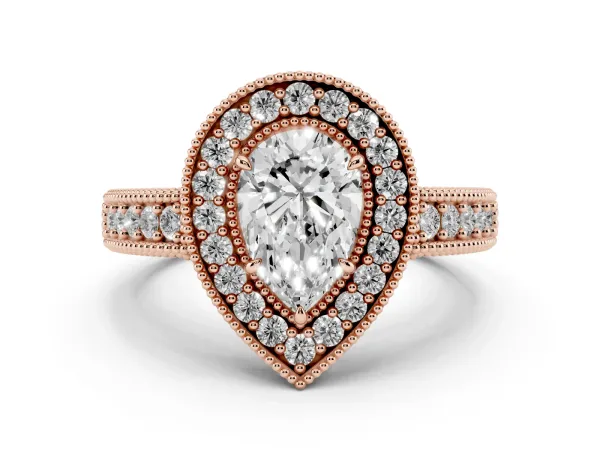 Pear Cut Cut Halo Diamond Ring with Pavé Band and Four-Prong Setting Rose gold