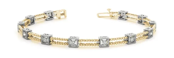Princess Cut Diamond Box Link Tennis Bracelet with Milgrain Prong Setting Yellow gold