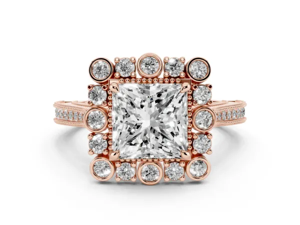 Princess Cut Halo Milgrain Pave Diamond Ring with Four-Prong Setting Rose gold