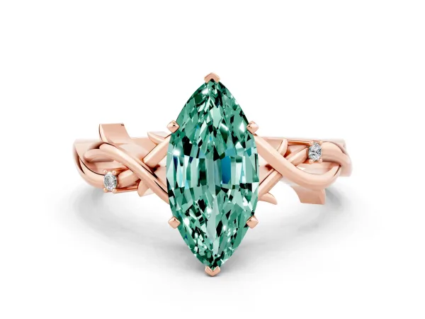 Marquise Cut Green Sapphire Solitaire Ring with Milgrain Pavé Band and Four-Prong Setting Rose gold