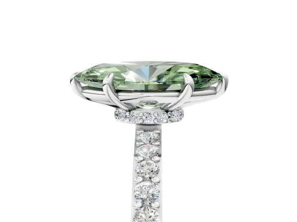 Fancy Green Marquise Cut Diamond Solitaire Engagement Ring with Pavé Band and Four-Prong Setting Silver