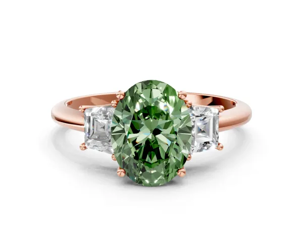 Fancy Green Oval Cut Diamond Three-Stone Ring with Trapezoid Side Stones and Prong Setting Rose gold