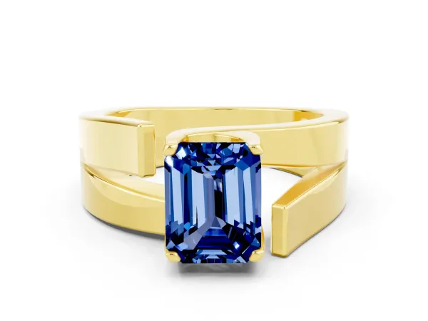 Modern Tension Set Emerald Cut Blue Sapphire Solitaire Wide Band Ring Yellow gold