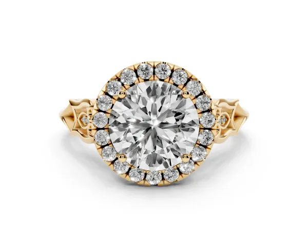 Round Cut Halo Diamond Engagement Ring with Filigree Band and Four-Prong Setting Yellow gold