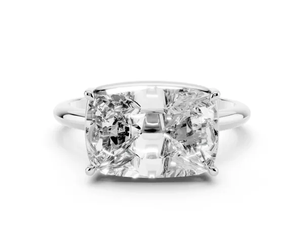 Old Mine Elongated Cushion Diamond East-West Bezel Set Four Claw Solitaire Ring White gold