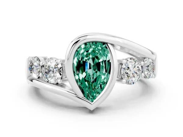 Bezel Set Pear Cut Green Sapphire Bypass Ring with Round Accents Platinum