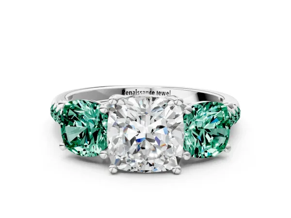 Three-Stone Cushion Cut Diamond Ring with Round Green Sapphire Pavé Band and Prong Setting Platinum
