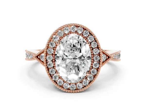 Oval Cut Halo Round Diamond Milgrain Pave Engagement Ring Rose gold
