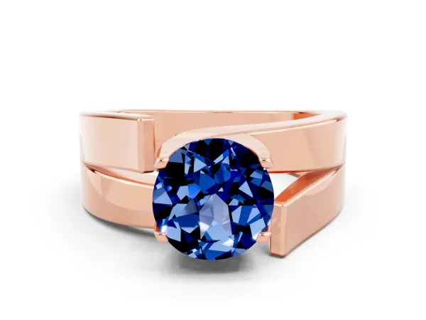 Modern Tension Set Round Cut Blue Sapphire Solitaire Wide Band Ring Rose gold