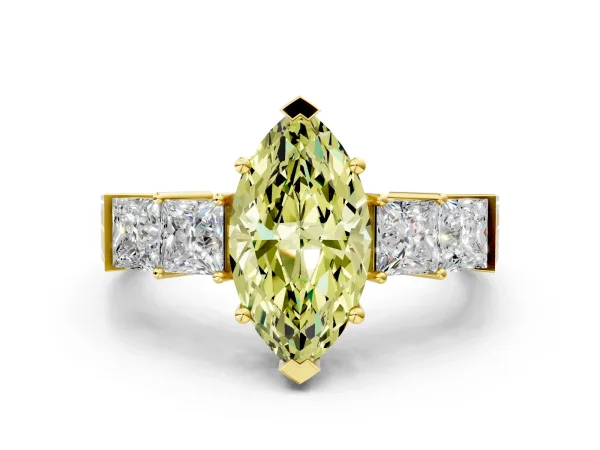 Fancy Yellow Marquise Cut Solitaire Princess Side Stone Engraved Band Prong Setting Ring Yellow gold