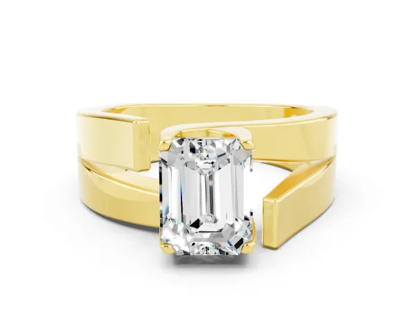 Modern Tension Set Emerald Cut Moissanite Solitaire Wide Band Ring Yellow gold