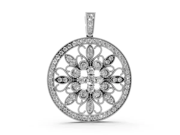 Round Pavé Diamond Filigree Pendant Silver
