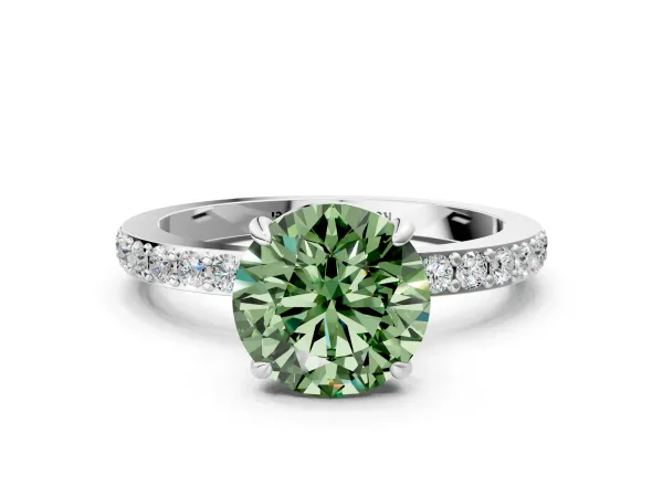 Fancy Green Round Cut Diamond Solitaire Engagement Ring with Pavé Band and Four-Prong Setting Platinum