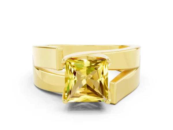 Modern Tension Set Princess Cut Yellow Sapphire Solitaire Wide Band Ring Yellow gold