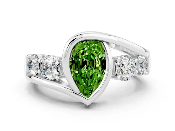 Bezel Set Pear Cut Peridot Bypass Ring with Round Accents Platinum