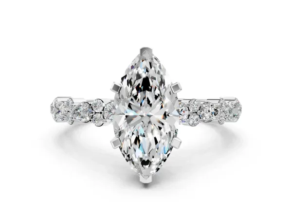Marquise Cut Diamond Side Stone Solitaire Ring with Round Moissanite and Four-Prong Setting White gold